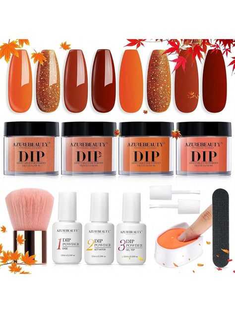 🎃【What U Get】 AZUREBEAUTY classic fall series12 PCS all-in-1 dip powder nail starter kit—4*10g color powder(pumpkin orange, maple brown, reddish brown, golden-brown), 3*10ml liquid set(base coat/activator/topcoat), 2*liquid brush replacement, 1*nail brush,1*nail file, 1*dip powder recycling system. 🍂【Superior Quality & Long Lasting】AZUREBEAUTY dip powder nail kit is long-lasting and anti-chipping, anti-peel off. The color is full and natural-looking, light, and has an impeccable shine finish. It can keep the nail art gorgeous and shiny for more than about 21 days with proper application. 🌎【Healthy & Nail-Friendly】AZUREBEAUTY dipping powder is made of Non-irritating ingredients, a unique healthy formula complex of rich calcium and vitamins, which is paraben & free, safe & harmless & non- Azurebeauty Dip Powder, French Halloween, Diy Salon, Brown Glitter, Nail Art Salon, Manicure Diy, French Nail Art, Fall Nail Art, Halloween Nail