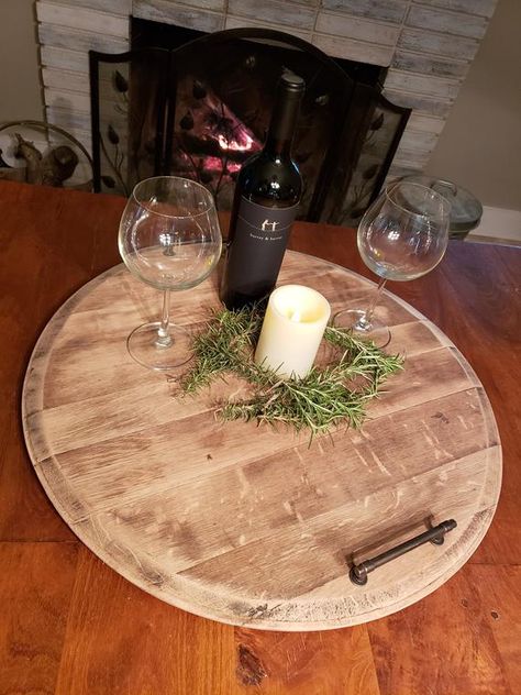 Wine Barrel Art, Wine Barrel Decor, Wine Tray, Barrel Projects, Butcher Block Oil, Barrel Decor, Barrel Furniture, Copper Handles, Black Handles