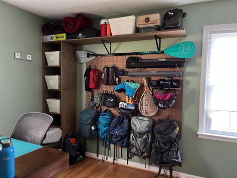 Pegboard Camping Gear Storage, Indoor Gear Storage, Peg Board Storage, Outdoor Gear Organization, Outdoor Gear Storage, Gear Garage, Gear Organization, Gear Closet, Camping Gear Storage