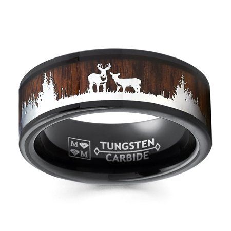 Display your true love of the outdoors with this beautiful, Deer nature scene ring. Inlaid with real Koa Wood which signifies bravery, bold, fearless, or warrior. If you are a hunter, camper or know one then this is the best gift or wedding band for you. Scratch-resistant finish, forever keeps it's shine. High-polish, comfort-fitted band. Genuine Tungsten Carbide ring. Center is inlaid with real "Koa Wood". Overlaid with a steel cut-out of two Deer silhouettes and trees in silver. Hypoallergenic Hunting Wedding Rings, Stag Silhouette, Camo Wedding Rings, Men's Gifts, Wooden Wedding Ring, Wood Wedding Band, Black Tungsten, Tungsten Carbide Rings, Ring Wedding Band