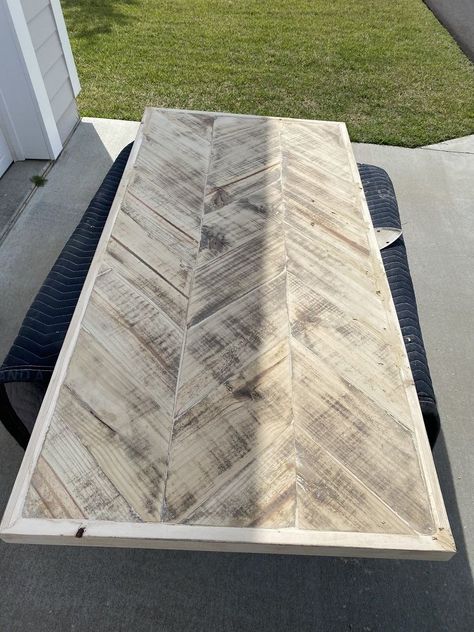 Chevron Countertop Wood Diy, Herringbone Desk Top, Diy Desk Top Wood, Scrap Wood Table Top, Wood Desk Diy, Diy Desk Top, Pottery Barn Desk, Lego Table Ikea, Restoration Hardware Outdoor