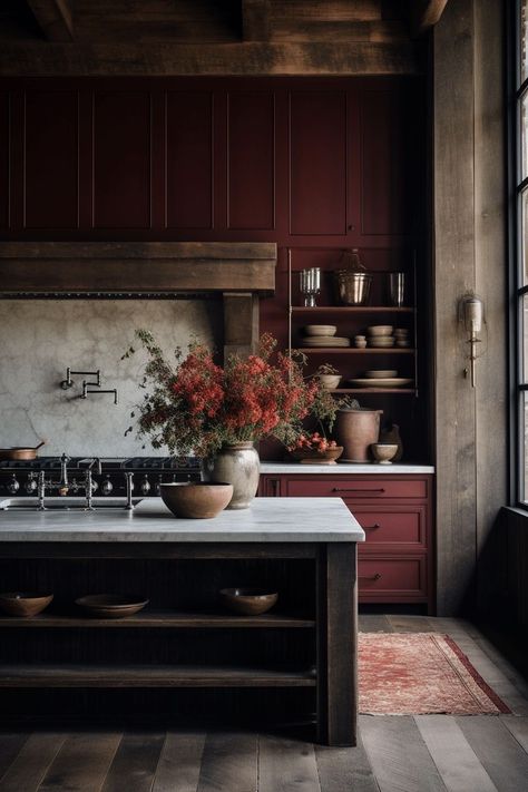 Butcher Block With Farmhouse Sink, Modern Rustic Kitchen Ideas, Modern Rustic Kitchen, Rustic Kitchen Ideas, Moody Kitchen, Rustic Modern Kitchen, Rustic Farmhouse Kitchen, Red Kitchen, Green Kitchen