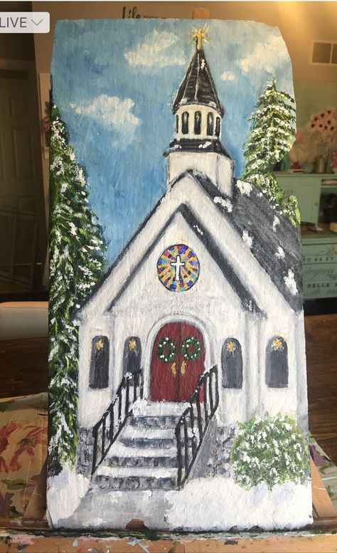 Old Church Paintings, Christmas Church Painting, Season Painting, Painted Churches, Church Artwork, Lighthouse Watercolor, Church Painting, Church Wall Art, Paint Christmas