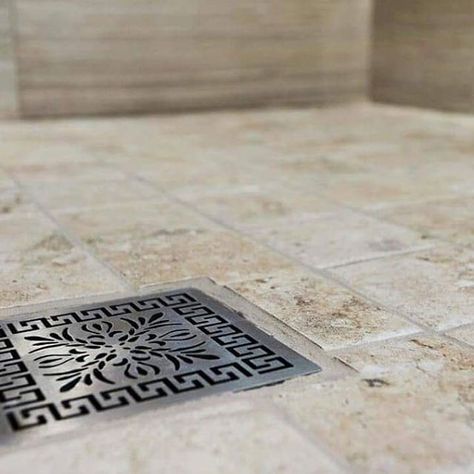 Greek Fret in a brushed stainless steel finish.  www.designerdrains.com . . . . . . . . . . #DesignerDrains #MadeInUSA #Remodel #RealEstate #InstaHome #LuxuryHomes #HomeIdeas #HomeStyling #NewHomes #HomeRenovation #HomeDesign #HomeInspiration #DreamHome #ArchiLovers #BathroomDesign #BathroomRemodel #ModernHome #NewConstruction #BoutiqueHotel #interiordecor #DesignIdeas #DesignLovers #MillionDollarListing #BathroomDecor #LuxuryDesign #InteriorInspo #CustomHomeBuilder #Renovation Shower Drain Ideas, Architecture Greek, Square Shower Drain, California Faucets, Shower Drain Covers, Shower Drains, Drain Cover, Shower Drain, Shower Remodel