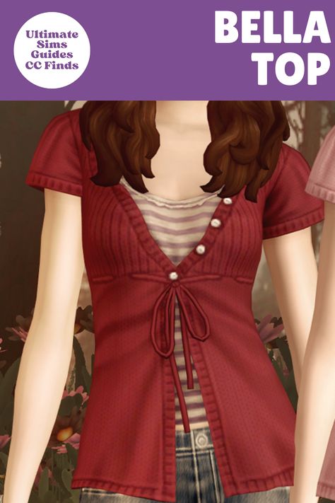 The Bella Top is a really fun layered top look that's very early 2000s. It's inspired by twilight, which is so fun #TheSims4 Sims 4 Cc Layered Shirt, Sims 4 Band Shirts, Sims 4 Cc Babydoll Top, Indigenous Sims 4 Cc, Sims 4 Cc Twilight Clothes, Sims 4 Elena Gilbert Cc, Sims 4 Tube Top Cc, Sims 4 Buffy The Vampire Slayer Cc, Cottage Sims 4 Cc Clothes