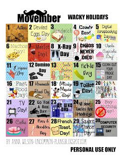 Uncommon Plans: FREE Printable: November Fun & Wacky Holidays November Fun Holidays, National Celebration Days, Monthly Holidays, National Holiday Calendar, Funny Holidays, Silly Holidays, Monthly Celebration, November Holidays, Fun Holidays