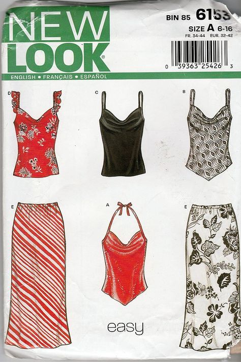 New Look 6153 ©2002 Misses' Halter and Camisole Tops and Skirt; Sizes 6-16 Long Skirt Sewing Pattern, Maxi Skirt Sewing Pattern, Tank Top Sewing Pattern, Upcycle Clothes Diy, Vogue Sewing, Skirt Patterns Sewing, Top Sewing Pattern, Sewing Skirts, Sewing Design