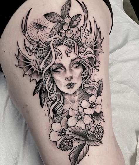 Artemis Tattoo, Moose Tattoo, Athena Tattoo, Line Drawing Tattoos, Artemis Goddess, Tarot Tattoo, Girl Face Tattoo, Goddess Tattoo, Thigh Piece