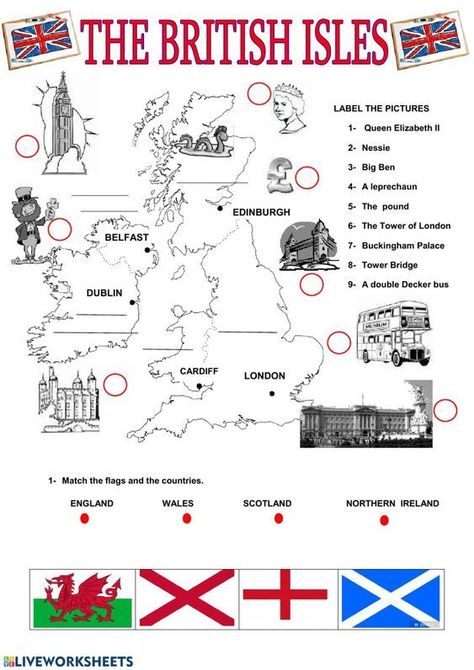 This is a great worksheet for ESL students to learn more about the British Isles. British Isles Map, English Culture, History Worksheets, Country Studies, English Exercises, Teaching English Online, Maps For Kids, Activities Worksheet, Uk Flag