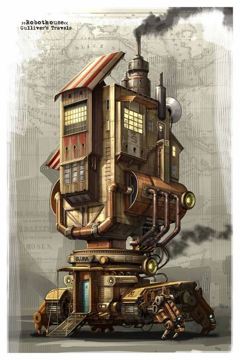 CONCEPT ART – vehicles props devices | Game concept art, Robot concept art, Concept art Robot House, Steampunk Building, 2d Concept Art, Steampunk Vehicle, Steampunk City, Steampunk House, Props Concept, Building Concept, Game Concept Art