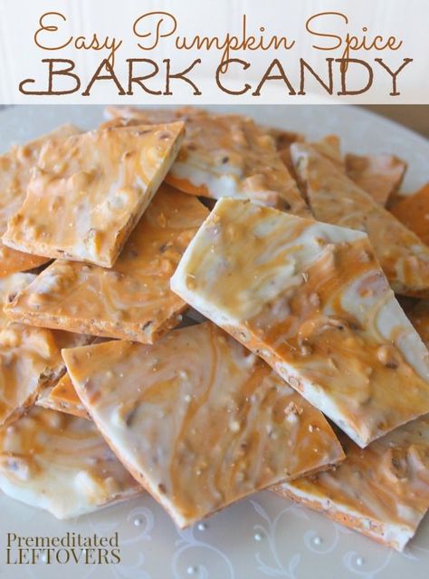 Pumpkin Spice Bark Candy Recipe - This quick and easy pumpkin spice bark only takes 4 ingredients and can be made in 15 minutes! Perfect for fall parties. Bark Candy, Christmas Bark Recipes, Favorite Christmas Desserts, Fall Parties, Pumpkin Eater, Candy Bark, Candy Recipe, Pumpkin Treat, Bark Recipe