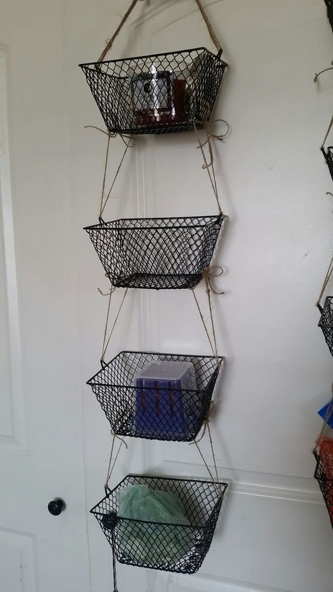 Black rectangle wire basket and jute twine Diy Basket Shelves, Ideas For Wire Shelves, Wire Basket On Wall, Wire Basket Decor Kitchen, Diy Wire Basket Shelves, Dollar Tree Wire Basket Ideas, Dollar Tree Wire Basket Diy Crafts, Wire Basket Decor Ideas, Hanging Wire Baskets On Wall Bathroom