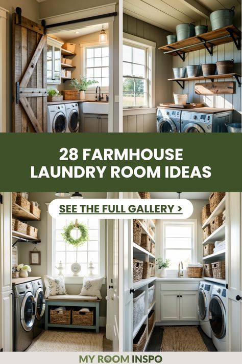 Discover 4 stunning images of farmhouses that feature charming laundry room designs. Explore these 28 ideas that'll make your laundry space beautiful and functional, showcasing stylish storage and décor features. Decorating Laundry Room Ideas, Small Laundry Room Makeover Farmhouse, Decorating Laundry Room, Farmhouse Laundry Room Ideas, Rustic Shelving, Small Laundry Room Makeover, Rustic Laundry Rooms, Stylish Laundry Room, Laundry Space