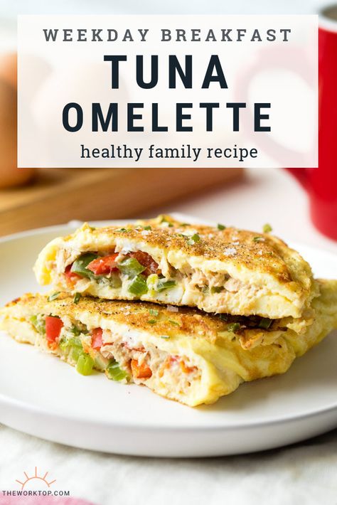 I love having this tuna omelette for a healthy breakfast. It's made with eggs, tuna, peppers and cream cheese for a low carb and keto breakfast. The recipe is high in protein too. If you are looking for tuna breakfast ideas, try this omelette recipe! Recipe on www.theworktop.com. || #tuna #omelette #breakfast #brunch #recipe #keto #lowcarb Tuna Breakfast Ideas, Peppers And Cream Cheese, Tuna Breakfast, Tuna Omelette, Low Carb Omelette, Breakfast Ideas With Eggs, Ideas With Eggs, Omelette Breakfast, Healthy Omelette