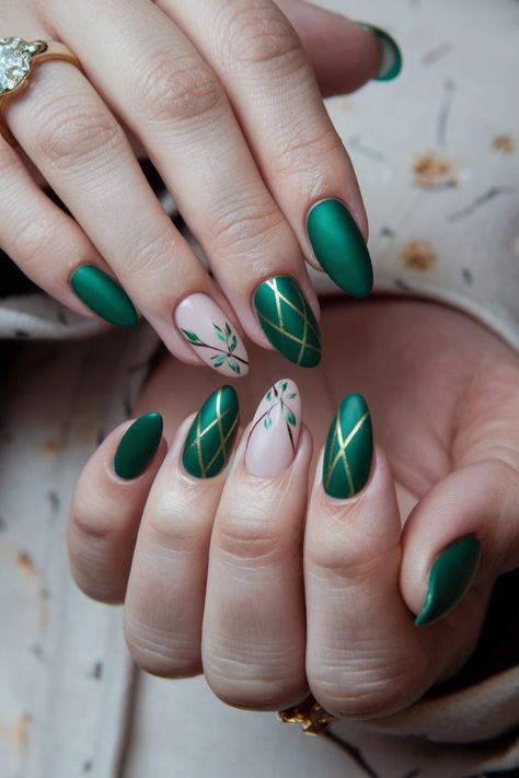 Embrace the essence of autumn with these cozy green nail ideas perfect for fall. Imagine a deep forest green base adorned with delicate gold leaf accents, capturing the beauty of fall foliage. This chic combination not only reflects the warm colors of the season but also adds a touch of elegance to your style. Transform your nails into a statement of seasonal charm and individuality with this gorgeous look. Green Elegant Nails, Forest Nail Art, Forest Green Nail Designs, Foliage Nails, Green Nail Ideas, Leaf Nails, Fall Nail Ideas, Deep Forest Green, Green Nail Designs