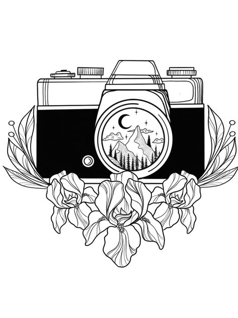 Tattoo Idea Flower, Camera Drawing Art, Vintage Camera Tattoos, Camera Tattoo Design, Flower Camera, Camera Tattoos, Moon Mountain, Tattoo Schrift, Camera Drawing