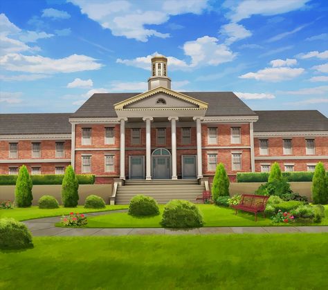 EXT. SMALL COLLEGE CAMPUS - DAY College Anime Background, Anime College Campus, Episode School Background, Giphys Anime, School Background Landscape, College Wallpaper, Episode Interactive, Casa Anime, Episode Interactive Backgrounds