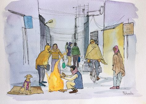 Winter in Delhi Winter Morning Drawing, Delhi Drawing, Delhi Painting, Delhi Winter, Morning Drawing, Cold Winter Morning, Scene Drawing, Street Dogs, Winter Street