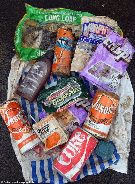 The litter, which mostly dates from the 80s, includes a crisps packet with the crisps stil... Crisp Packet, Sweet Wrappers, Alevel Art, Beauty Spot, Fizzy Drink, Childhood Movies, Family Picnic, Time Warp, The 1980s