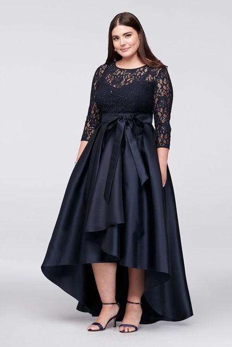 Mikado Plus Size Lace Bodice Plus-Size High-Low Ball Mother of Bride/Groom Gown High Low Ball Gown, High Low Dress Formal, Wedding Guest Gowns, Bow Sash, Sukienki Plus Size, Ball Skirt, Formal Dresses With Sleeves, Afrikaanse Mode, فستان سهرة