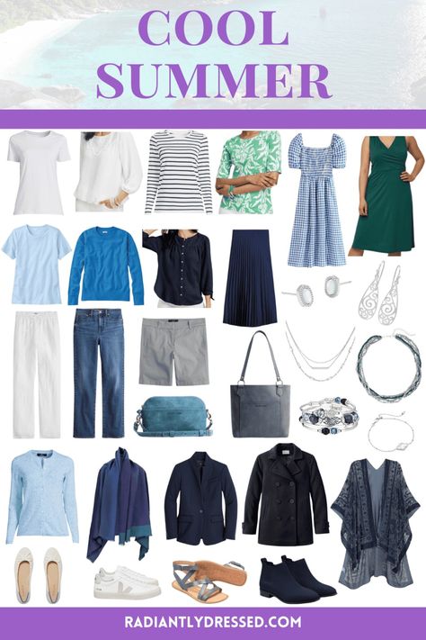 Summer Color Palette Capsule Wardrobe, Cool Summer Wardrobe, Summer Seasonal Color Palette, Color Palette Capsule Wardrobe, Cool Summer Color Palette, Color Palette Wardrobe, True Summer Palette, Essentials Capsule Wardrobe, Radiantly Dressed