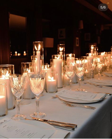 Wedding Reception Candles Romantic, Long Table Wedding Decor Candles, Candles Only Centerpiece Wedding, Alternating Tablecloths Wedding, Elegant Glamour Wedding Decor, Wedding Table All Candles, Candle Ideas For Wedding Tables, Modern Wedding Candles, Candles Aesthetic Wedding Table