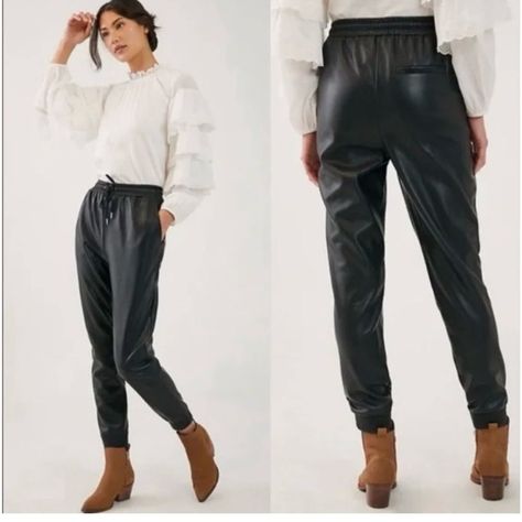 Nwt Avec Les Filles Anthropologie Black Vegan Faux Leather Jogger Pants Size Xs **Tiny Tear That Could Be Fixed. Its Top Layer Only, Doesn’t Go Thru. It Could Be Glued Down And Wouldn’t Be Noticed. See Last Pic For Close Up. Approx 27.5” Inseam Loungewear With An Edge. Crafted In Smooth Vegan Leather With Subtle Stretch, This Streetwear Staple Takes A Jog On The Wild Side. Size: Xs Color: Black Stretch Faux Leather Exterior Machine Washable High Rise Elastic Waist And Cuffs Pull-On With Drawstri Faux Leather Joggers, Leather Jogger Pants, Brown Joggers, Pleather Pants, Leather Joggers, Purple Pants, Denim Romper, Black Vegan, Faux Leather Pants