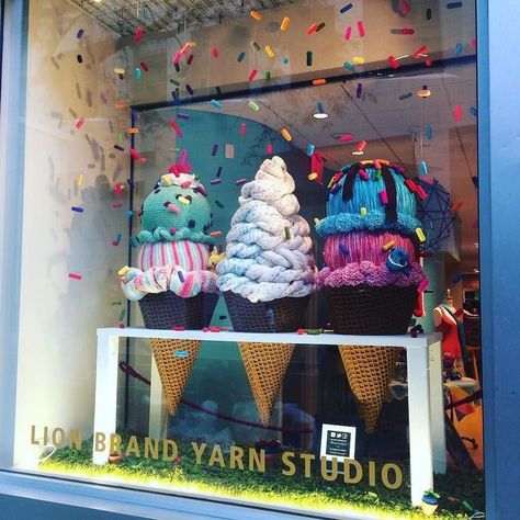 LION BRAND YARN SHOP, New York, "Tomorrow we can eat broccoli, but today is for ice-cream", pinned by Ton van der Veer #windowdisplay #shannasthreads Basic Knitting, Gelato Shop, Store Concept, Store Window Display, Store Window Displays, Window Display Design, Retail Windows, Ice Cream Cones, Yarn Store