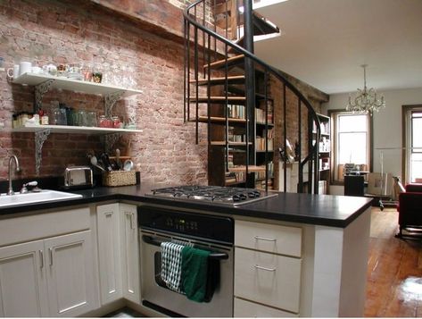 Loft Apartment Spiral Staircase, Loft Apartment London, Nyc Apartment Brick, Nyc Kitchen Apartment, New York Apartment Kitchen, Lift Apartment, Nyc Apartment Kitchen, Exposed Brick Apartment, Nyc Loft Apartment