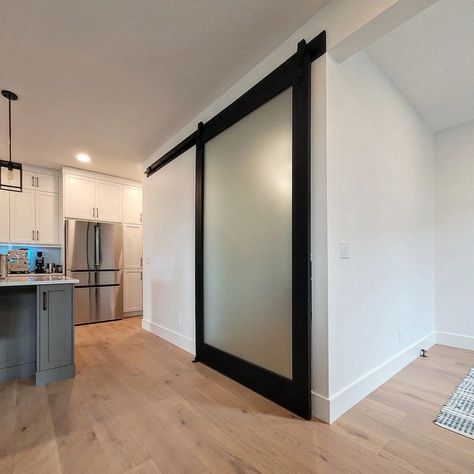 Monster office door with frosted glass we installed for a client! #barndoor #modernrustic #build #create #design #home #house #interior #barndoor #yyc #yeg Frosted Glass Door, Office Door, Two Birds, Home House, Create Design, Glass Doors, Modern Rustic, Frosted Glass, Barn Door