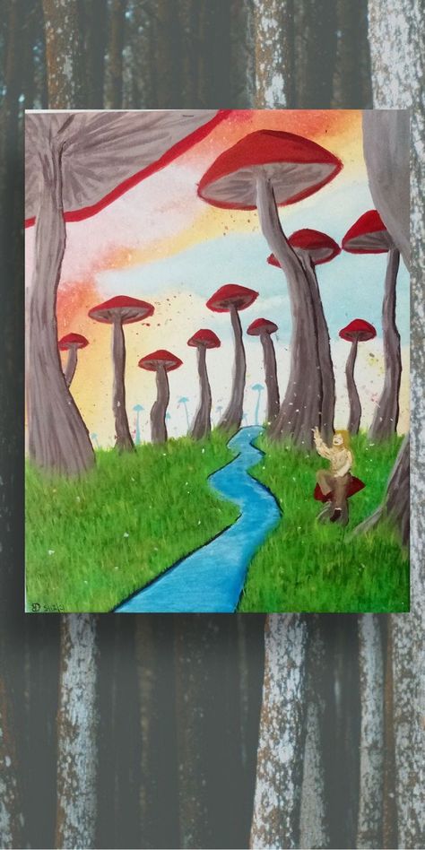 Acrylic Painting Of Mushrooms, Simple Unique Paintings, Mushrooms To Paint, Mushroom Pastel Art, Mushroom Forest Painting Easy, Mushroom Landscape Painting, Toadstool Painting Acrylic, Fairy Mushroom Painting, Bedroom Artwork Ideas Paintings