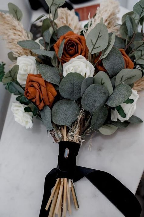 Black And Copper Wedding Flowers, Black White Rust Wedding, Dark Terracotta Wedding, Black And Copper Wedding Bouquet, Black White Green Orange Wedding, Black Sage And Burnt Orange Wedding, Black Green And Terracotta Wedding, Black And Orange Wedding Bouquets, Black White Orange Wedding