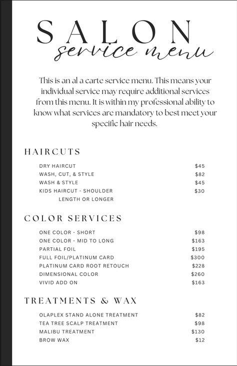 Salon Service Menu Ideas Price List, Hair Salon Menu Ideas, Salon Services Ideas, Salon Pricing Menu Ideas, Service Menu Salon, Hair Salon Menu Price List, Hair Salon Service Menu Ideas, Lash Service Menu Ideas, Hairstylist Service List