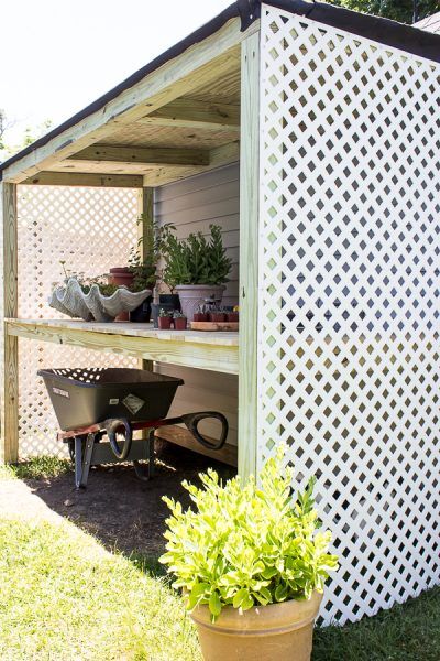 Open Potting Shed, Open Shed Ideas, Lean Too Shed, Small Potting Shed, Potting Area, Gardening Bench, Gardening Table, Garden Work Bench, Shed Build