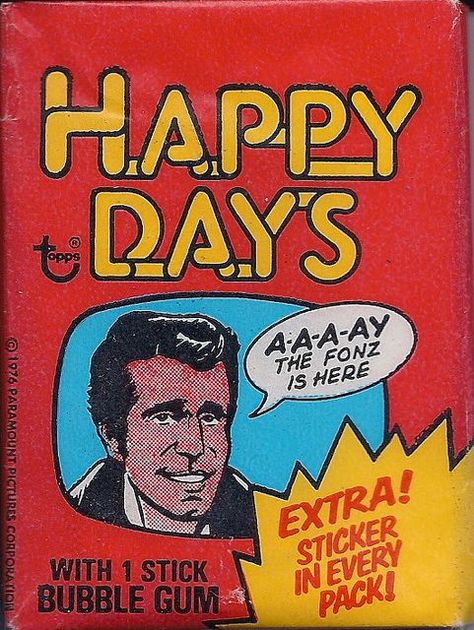 Happy Days Wax Pack Trading Cards by Topps, 1976 customized sports trading cards, kids sports trading cards Happy Days Tv Show, Bubble Gum Cards, The Fonz, Vintage Trading Cards, Collector Cards, Classic Monsters, Vintage Candy, Childhood Toys, Cartoon Tv