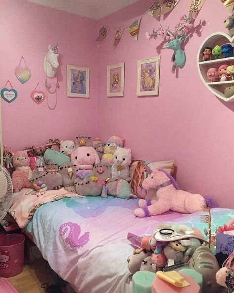 A very cute room !! , I would like to decorate mine like this too 💘💘👼🏼 . . #kawaii #cute #art… Kawaii Rooms, Kawaii Room Ideas, Hello Kitty Room Decor, Kawaii Bedroom, Otaku Room, Kawaii Room Decor, Cute Bedroom Ideas, Dekorasi Kamar Tidur, Pastel Room