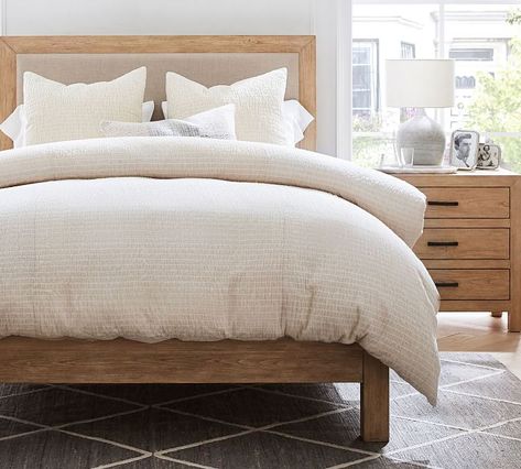 Beck Ruched Cotton Duvet Cover & Shams - Flax | Pottery Barn Wood And Upholstered Bed, Reclaimed Wood Beds, Decor Pottery, Design Your Bedroom, Bed Design Modern, Traditional Bed, Wood Bed Frame, Headboard Storage, Beds & Bed Frames