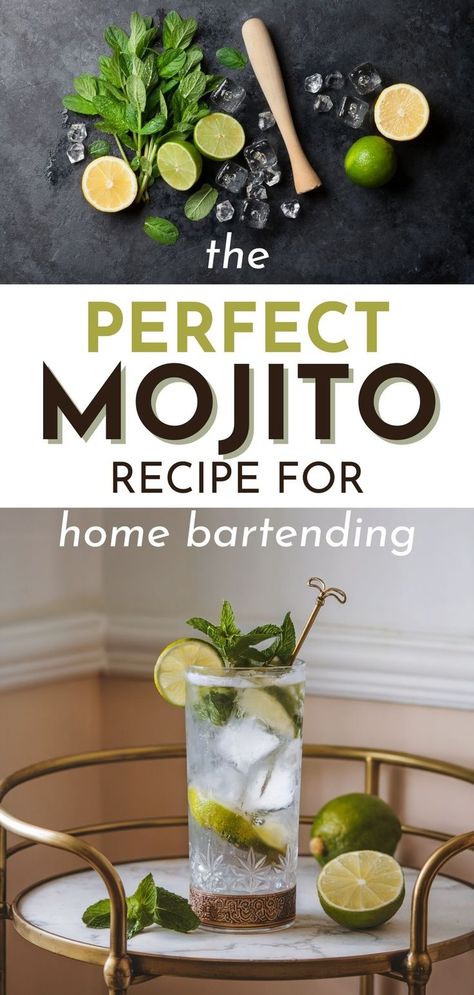 Recipe for mojito with a chilled mojito cocktail, garnished with mint leaves and lime. Cocktail Recipes Mojito, Best Rum For Mojitos, Complex Recipes, Easy Mojito Recipe, Mixology 101, Cocktails To Make At Home, Bartending Tips, Good Rum, Yummy Alcoholic Drinks