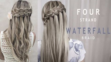 Stunning four strand waterfall braid - DIYs.com Waterfall Braid Prom, Waterfall Braid Tutorial, Waterfall Braid Hairstyle, Dutch Braid Tutorial, Different Braids, Diy Wedding Hair, French Braid Hairstyles, Long Hair Tutorial, Diy Braids