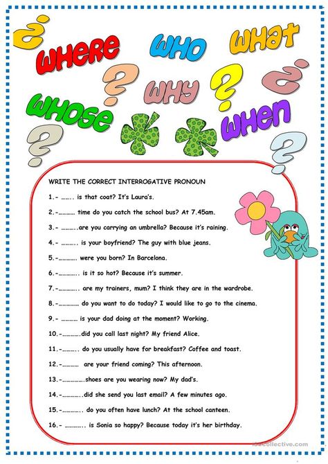 Interrogative Pronouns Worksheets Demonstrative Adjectives, Interrogative Sentences, Interrogative Pronouns, English Communication, Adjective Worksheet, Grammar For Kids, English Time, Nouns Worksheet, English File