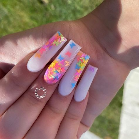 Bright Summer Acrylic Nails, Nails With Glitter, Butterfly Nails, Drip Nails, Cute Acrylic Nail Designs, Dope Nail Designs, Rainbow Butterfly, Acrylic Nails Coffin Short, Summer Acrylic Nails