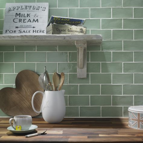 My worktop and wall colour, love the distressed shelves!! Cedar Walls, Tiles Ideas, Kitchen Splashback, Mind The Gap, Kitchen Wall Tiles, Kitchen Tile, Green Decor, Trendy Kitchen, Ceramic Wall Tiles