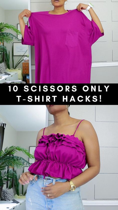 Pink magenta large t-shirt transformed into a milkmaid style tank top. How To Redesign A Tee Shirt, Remake Men's Shirt Ideas, Modified T Shirt Ideas, T Shirt Upcycle Ideas, Redesign T Shirts Ideas, Tee Shirt Upcycle Diy, Ways To Upcycle Tshirts, Upcycling Tshirts Ideas, T Shirt Redesign Ideas