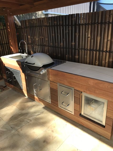 Weber Q built from scratch, using locally sourced timber (Mixed Aus Hardwood) with Beefeater insert Stainless Cabinets Outdoor Bbq Area, Outdoor Bbq Kitchen, Built In Bbq, Bbq Kitchen, Diy Outdoor Kitchen, Bbq Area, Outdoor Bbq, Entertaining Area, Outdoor Area