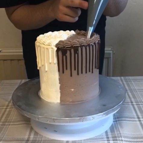 Ash Baber on Instagram: “Half chocolate and half vanilla!!! It took 3 coats to get the line kind of straight 🙄” How To Make A Half And Half Cake, Half Chocolate Half Vanilla Cake, Half And Half Cake, Ash Baber, Half Cake, Milk Chocolate Cake, White Chocolate Cake, Half And Half, February 22