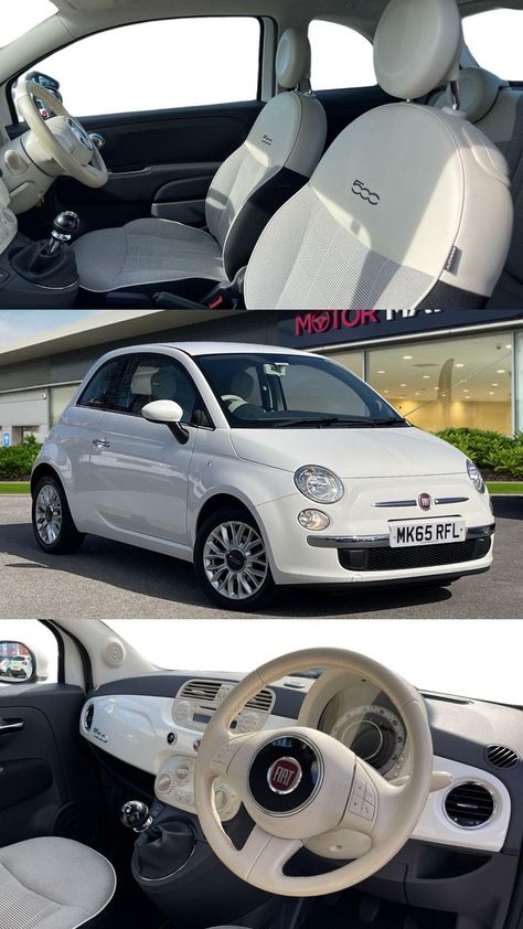 The interior looks just as stylish and chic as the exterior, with a two tone light cream leather interior with a gorgeous pattern cloth. This 500 comes with FM and AM radio as well as the option for connecting your own source of audio with AUX and USB input. Fiat 500 Pink, Fiat 500 Interior, Fiat 500 Car, Fiat 500 Pop, Fiat 500c, New Fiat, Buying New Car, Volkswagen Beetle Convertible, Fiat Cars