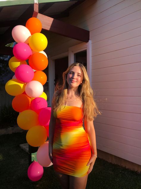 Predrinks Party, Orange And Pink Party Aesthetic, Pink Orange And Yellow Party, Pink Orange Yellow Party Theme, Pink And Orange 16th Birthday, Pink And Orange Outfits, Sunset Birthday Theme, Pink Orange Yellow Party Decor, Sunset Theme Party