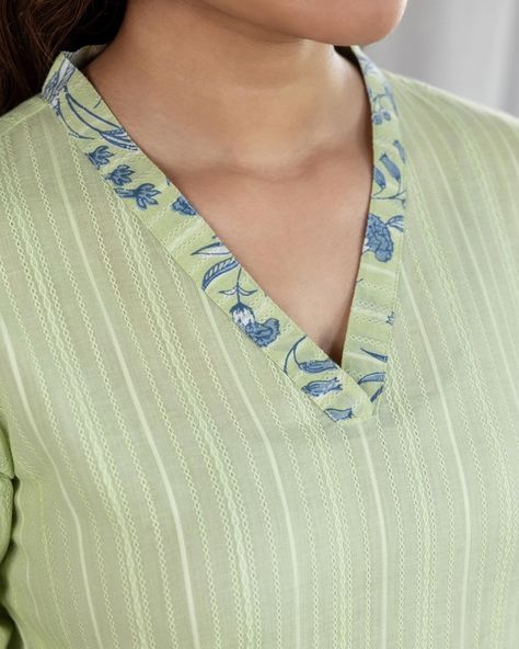 Summer Collection - New Arrivals! ‘Lime’ up for zesty summer picks! The light, lime colour of our ‘Carnation Whisper’ kurta is a fresh, citrusy shade that captures the eye. Textured stripes and printed trims liven up the otherwise tonal kurta Shop the ‘Chandani’ edit on www.cottonsjaipur.com Price : ₹ 1,650/- [ Cottons Jaipur, Cotton, Carnations, Floral, Handmade Kurtas, Everyday-wear, Summer staples ] #cottons #cottonsjaipur #newarrivals #floral #summer #summer2024 #handcraftedkurtas #c... New Style Neck Design For Kurti, Cottons Jaipur, Kurta Ideas, Collar Kurta, Simple Kurti, Lace Suit, Latest Blouse Designs Pattern, Kurta Patterns, Churidar Designs