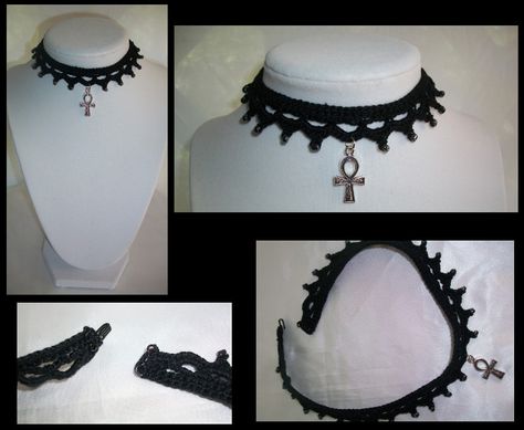 https://www.etsy.com/listing/468107379/crocheted-choker-with-beads-and-ankh?ref=shop_home_active_4 Crochet Choker, Goth Belt, Choker Necklace Designs, Choker Designs, Crochet Girls, Fun Crochet Projects, Diy Crochet Projects, Love Crochet, Crochet Jewelry