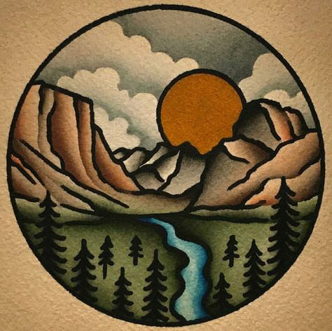 Tony Talbert Landscape Traditional Tattoo, Mountains Traditional Tattoo, Traditional River Tattoo, American Traditional Landscape Tattoo, Mountain American Traditional Tattoo, Traditional Scenery Tattoo, Traditional Hiking Tattoo, Mountain Tattoo Old School, Traditional Outdoor Tattoo